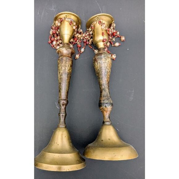 Solid Brass Candlestick PAIR Beaded Glam Taper - Picture 2 of 5